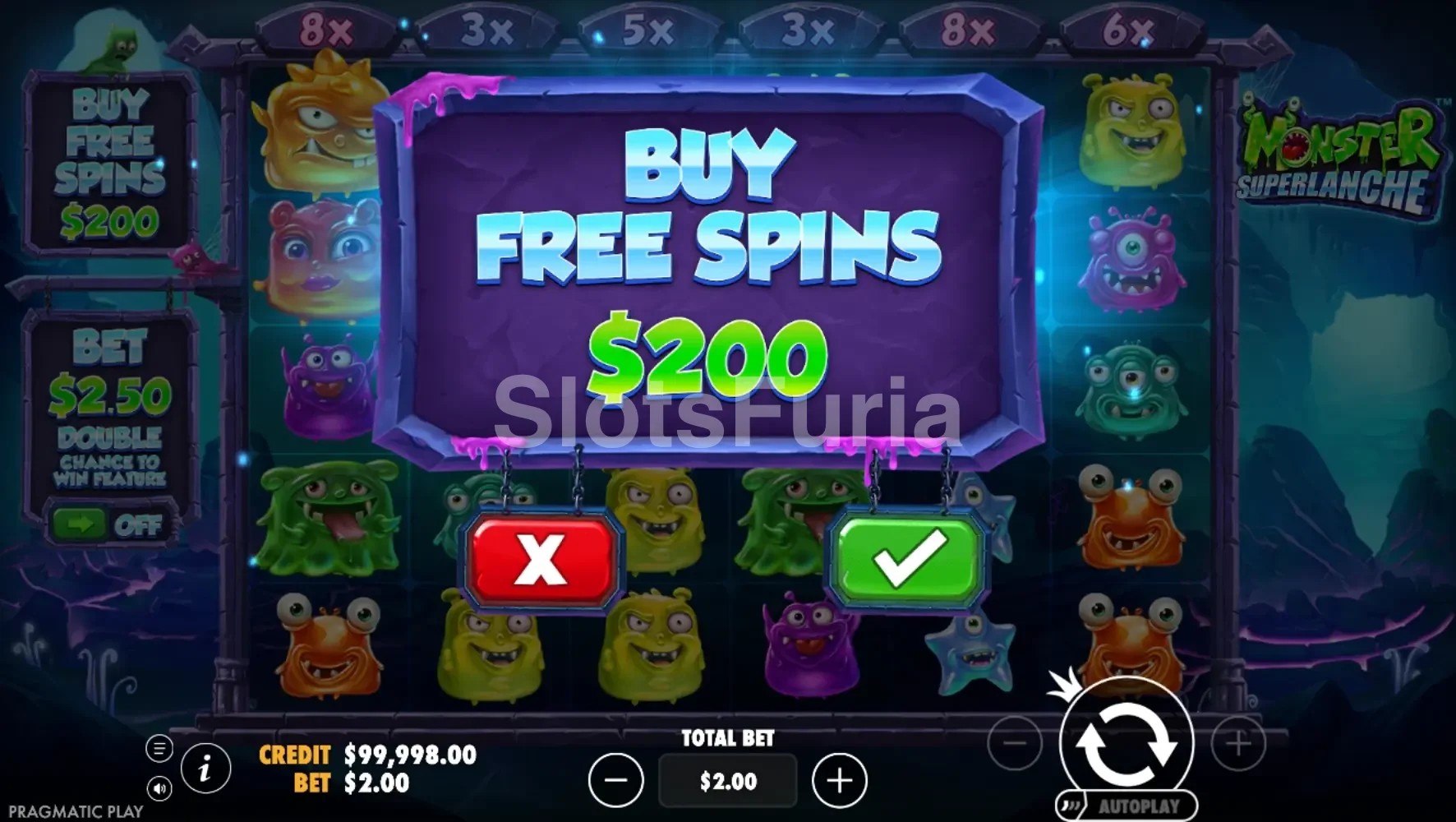 Pantalla de compra de bonus de Monster Superlanche con todas las opciones disponibles