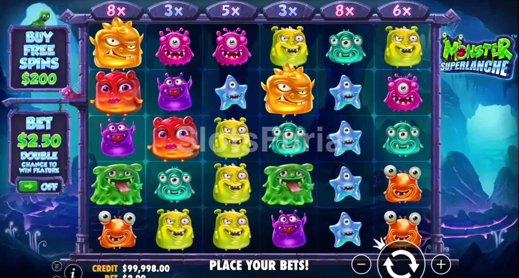 Pantalla principal del juego Monster Superlanche con sus 6 rodillos