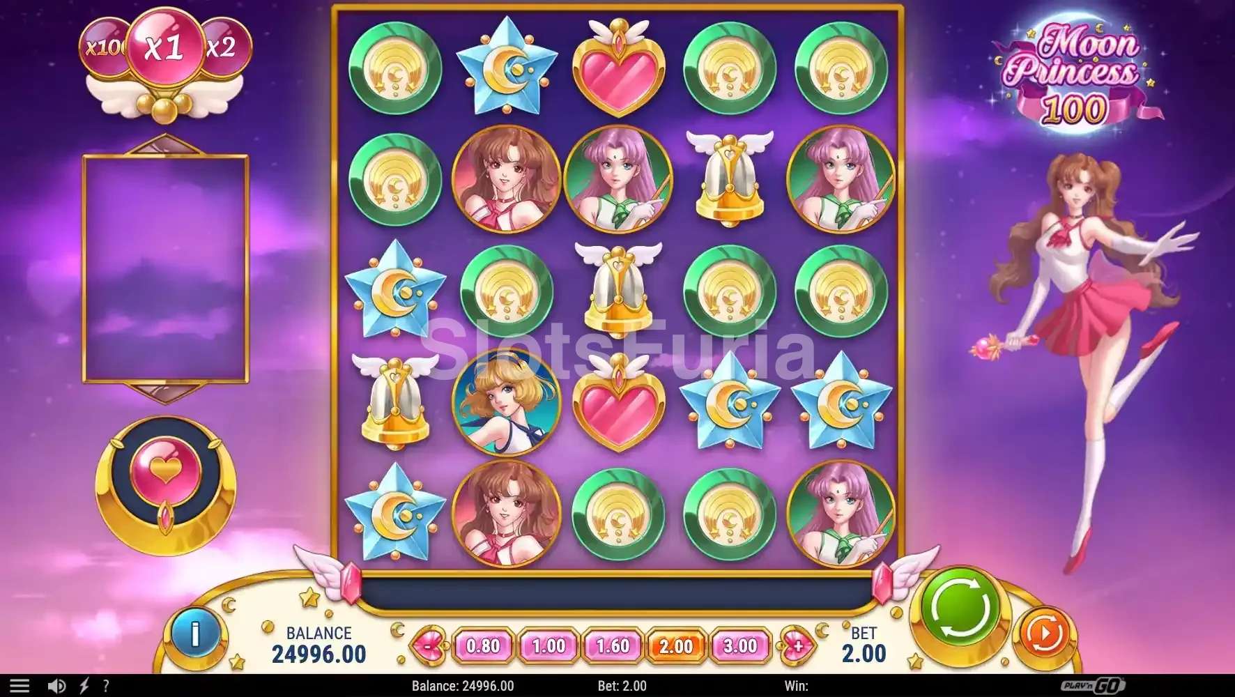 Secuencia de cascadas en Moon Princess 100 con multiplicador activo