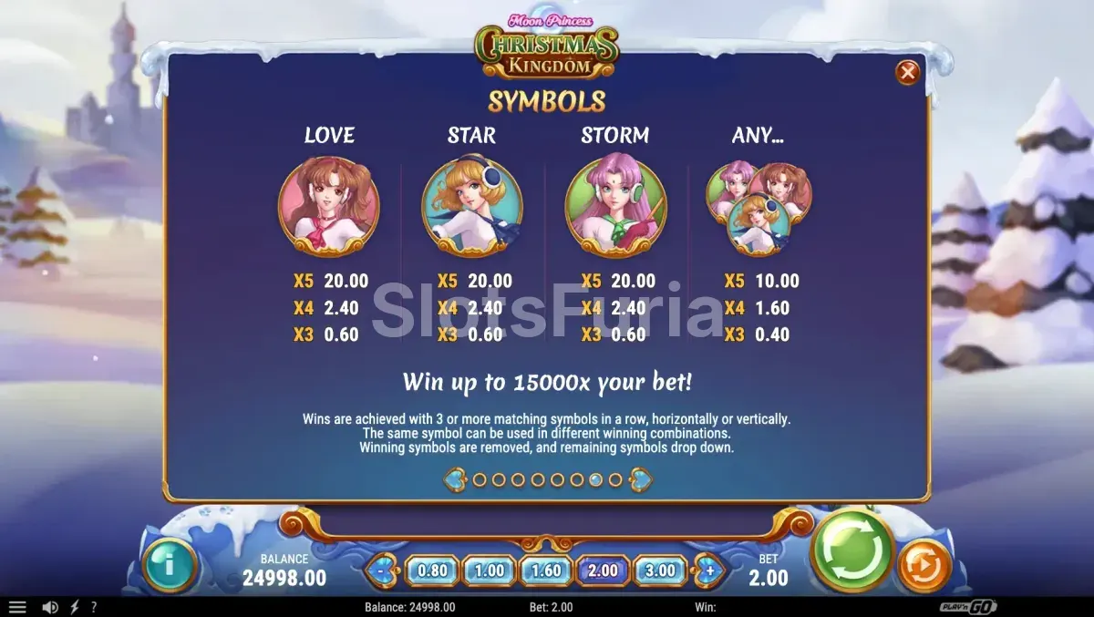 tabla de pagos de Moon Princess Christmas Kingdom con símbolos y valores