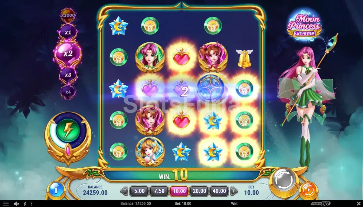 Resultado de giro en Moon Princess Extreme con cascada de símbolos