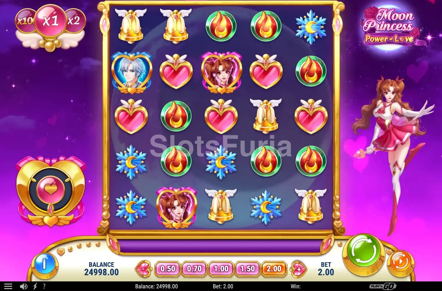 Juego base de Moon Princess Power of Love con corazones y llamas, tragamonedas de magia de Play'n GO