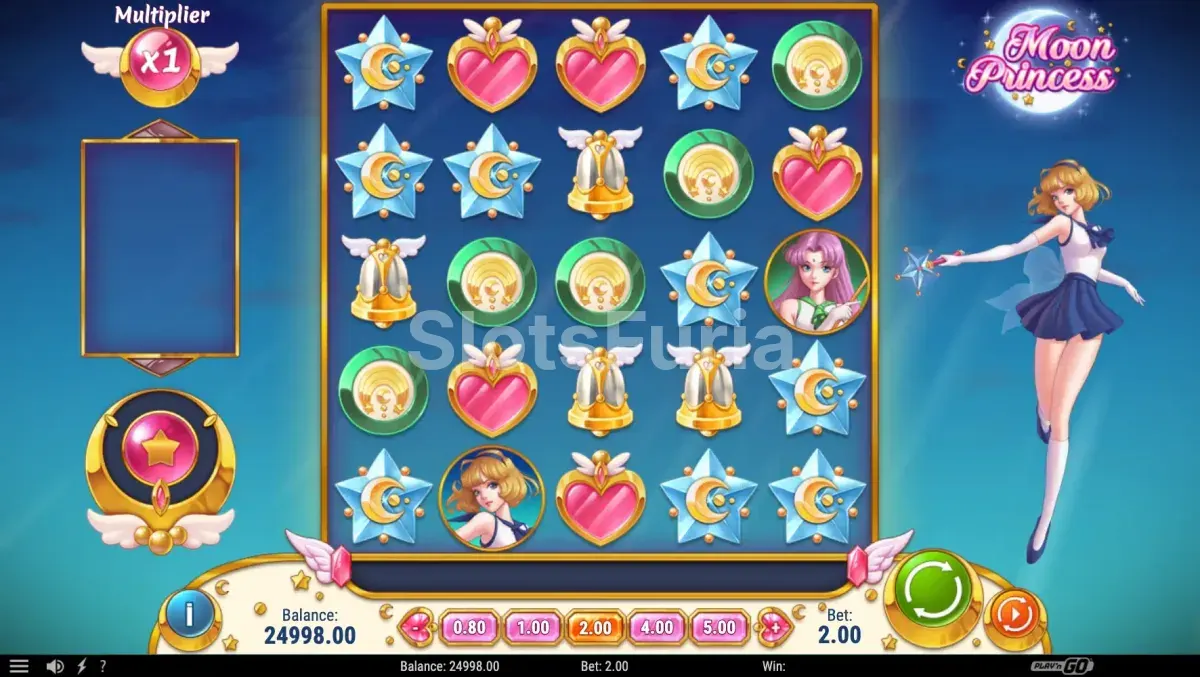 Cuadrícula de 5 por 5 de Moon Princess con las tres princesas, tragamonedas de magia de Play'n GO