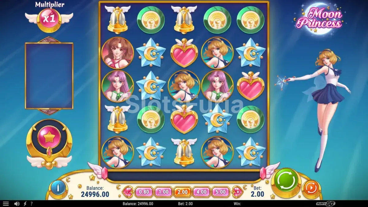 Segunda vista del juego base de Moon Princess mostrando las cascadas en acción