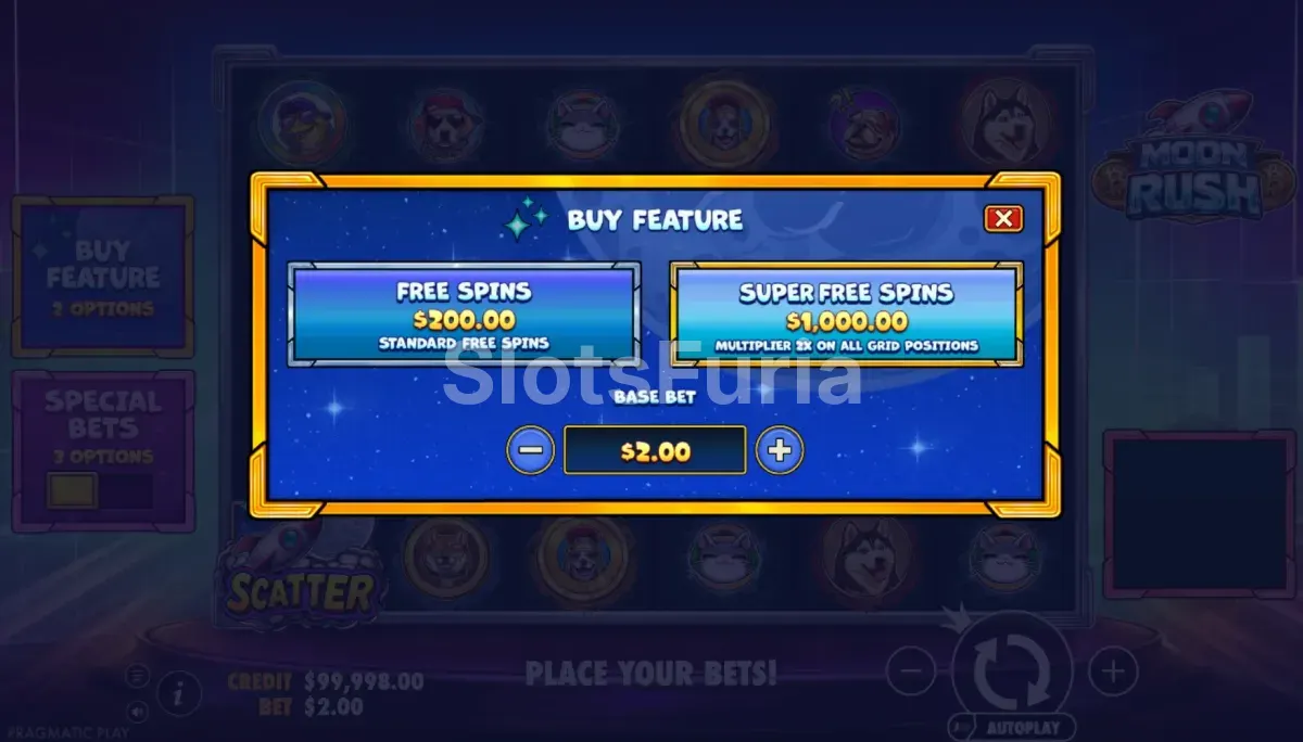 Panel de compra de bono en Moon Rush con modos Super Spin