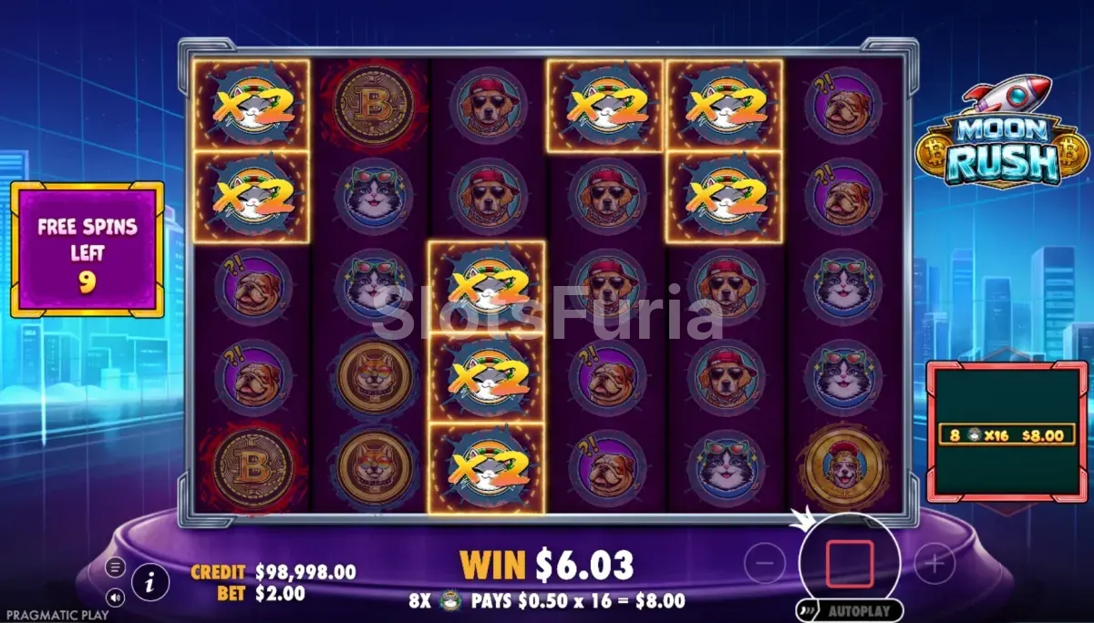 Ronda de giros gratis en Moon Rush con multiplicadores persistentes