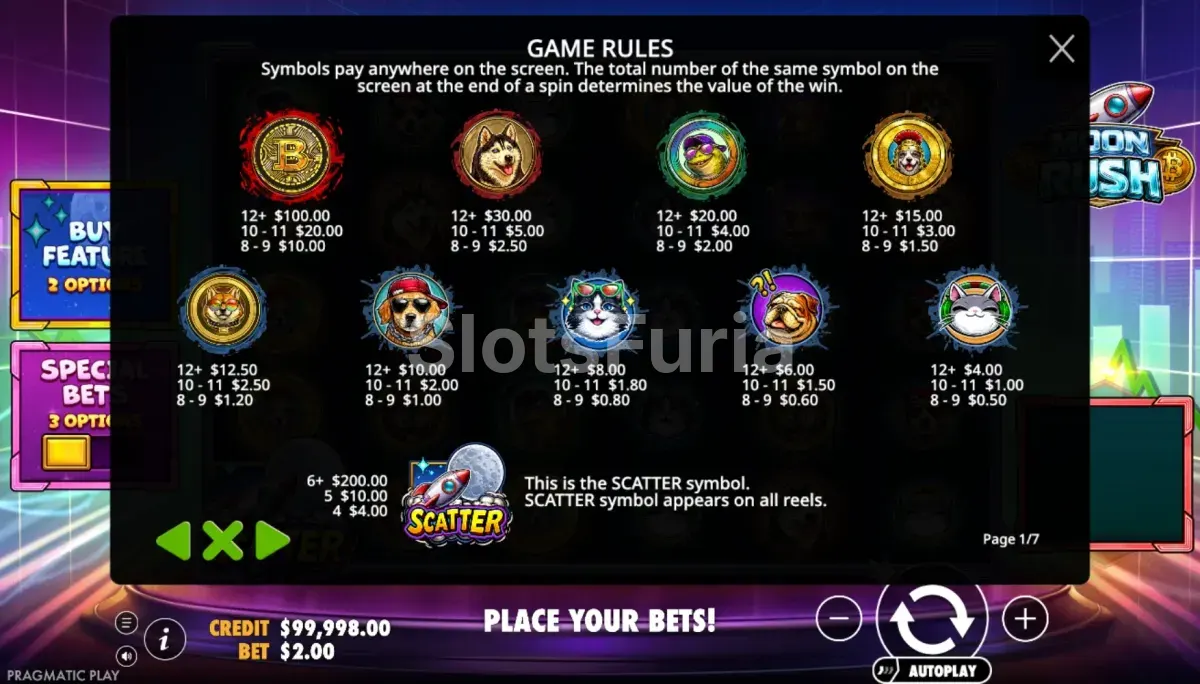 Tabla de pagos de Moon Rush con símbolos cripto