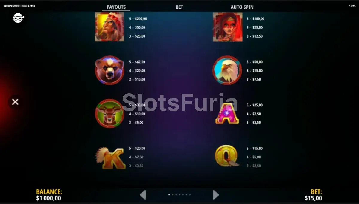 Tabla de pagos detallada de Moon Spirit Hold & Win