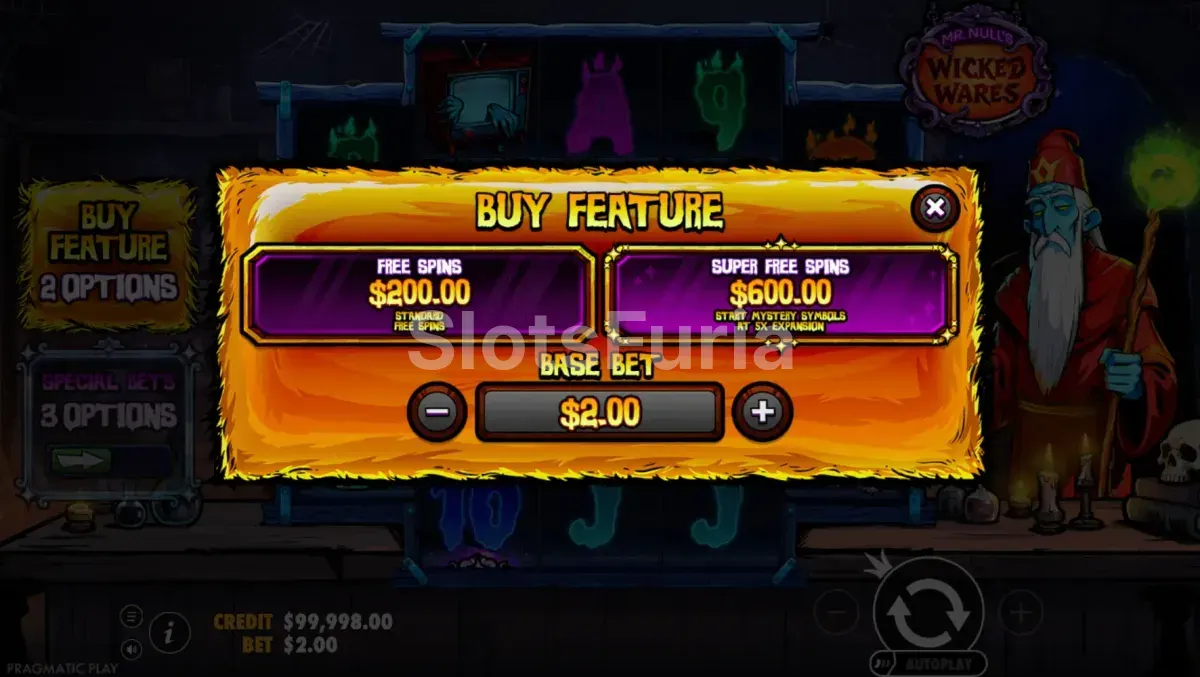 Menú de compra de Mr Null's Wicked Wares, tragamonedas de magia de Pragmatic Play