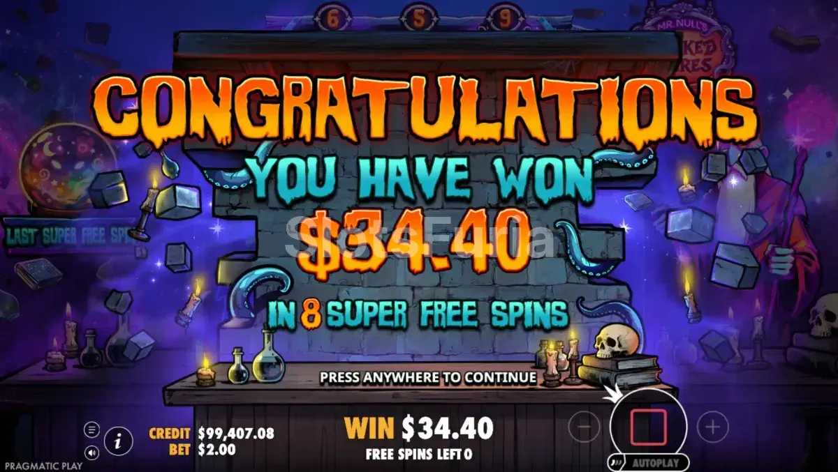 Gran victoria en Mr Null's Wicked Wares mostrando multiplicadores al máximo