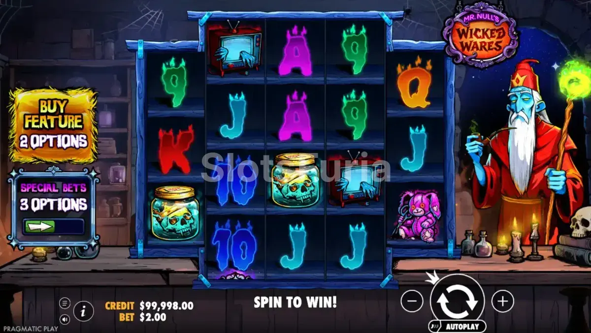 Pantalla principal del juego Mr Null's Wicked Wares con sus cinco rodillos