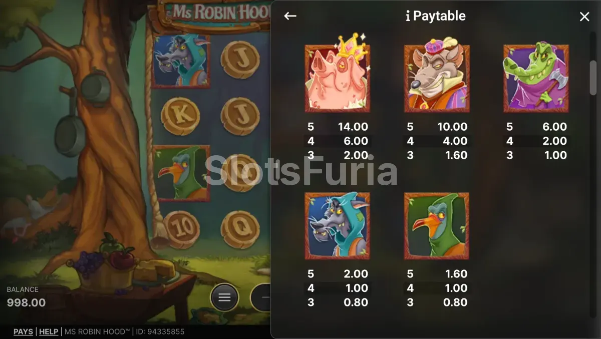 Tabla de pagos de Ms Robin Hood con los símbolos de animales