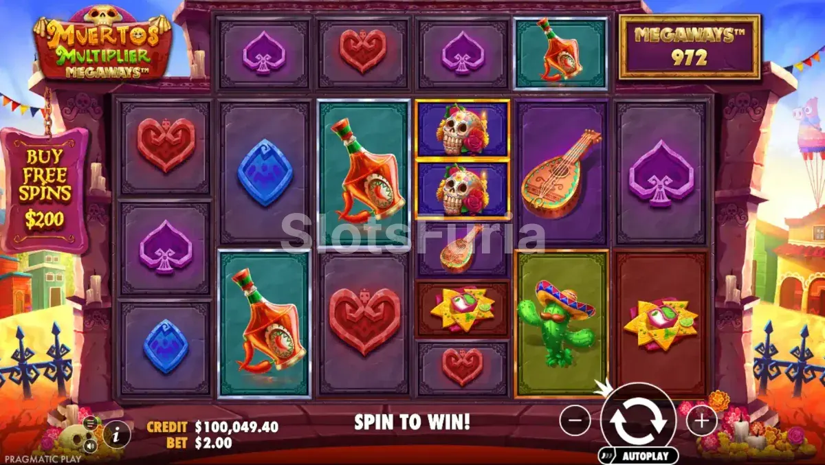 Juego base de Muertos Multiplier Megaways con sus rodillos llenos de calaveras y colores vibrantes