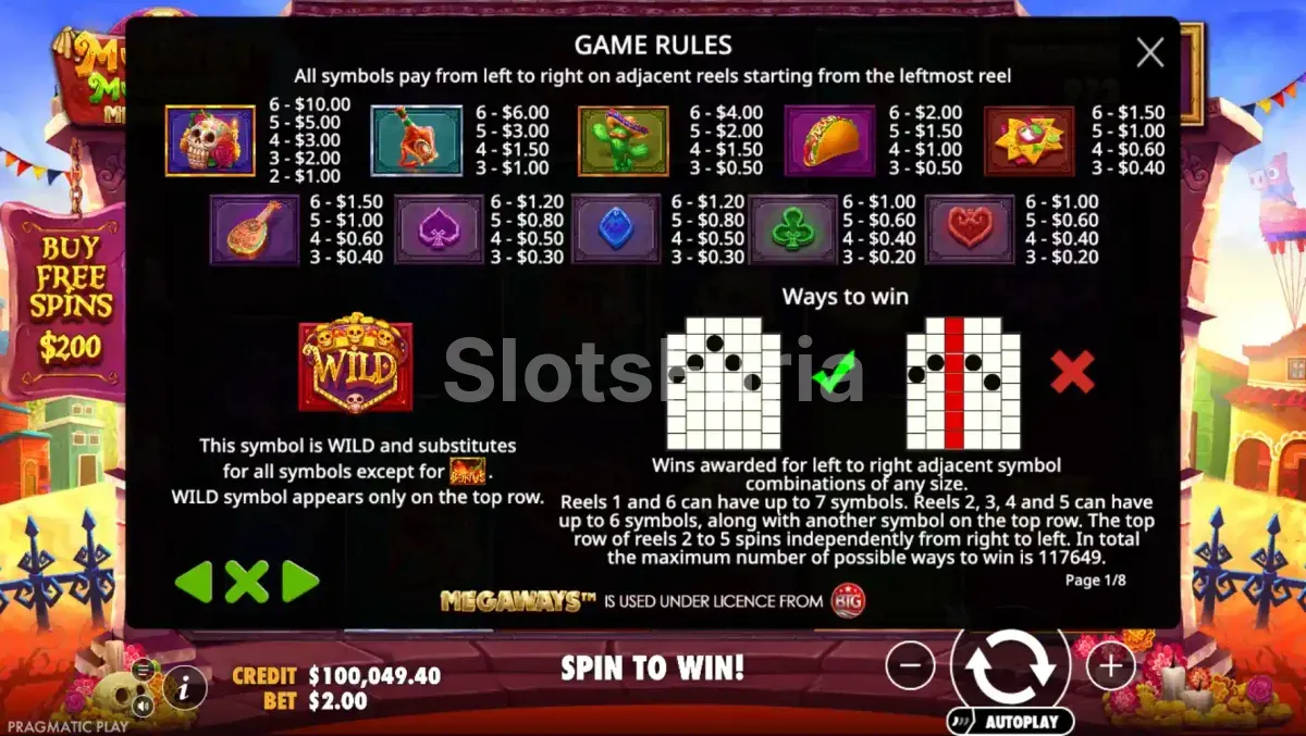 Tabla de pagos de Muertos Multiplier Megaways mostrando valores de símbolos