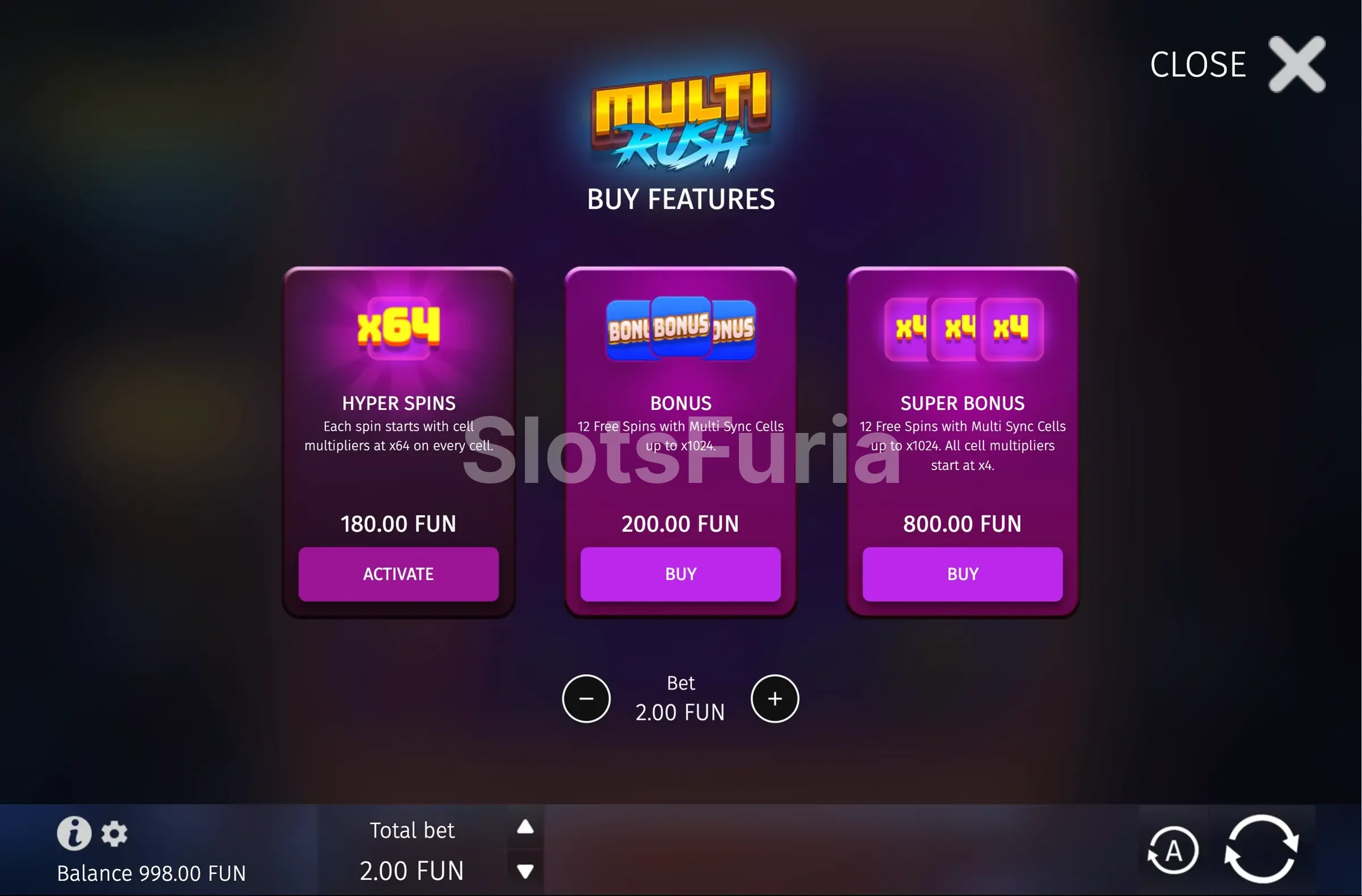 Opciones de compra de bonificación en Multi Rush de BGaming