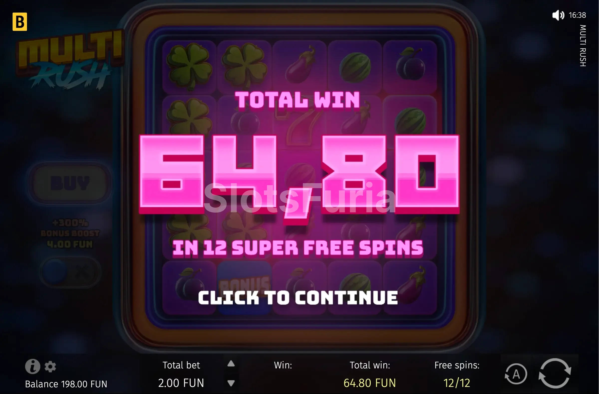 Gran ganancia en Multi Rush mostrando el potencial máximo del juego