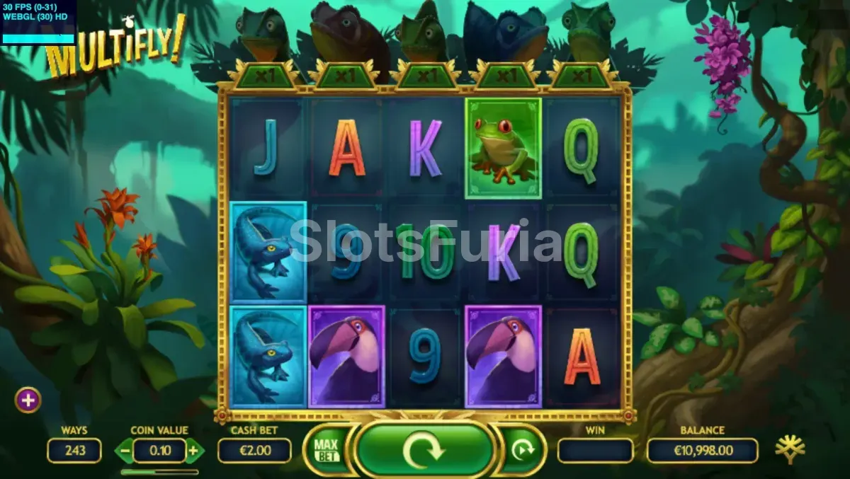 Pantalla principal del juego Multifly! con los cinco carretes en acción