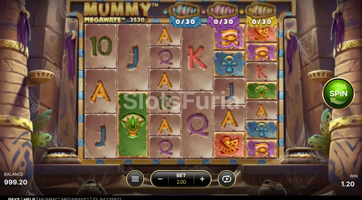 Pantalla principal de Mummy Megaways con el tablero de juego