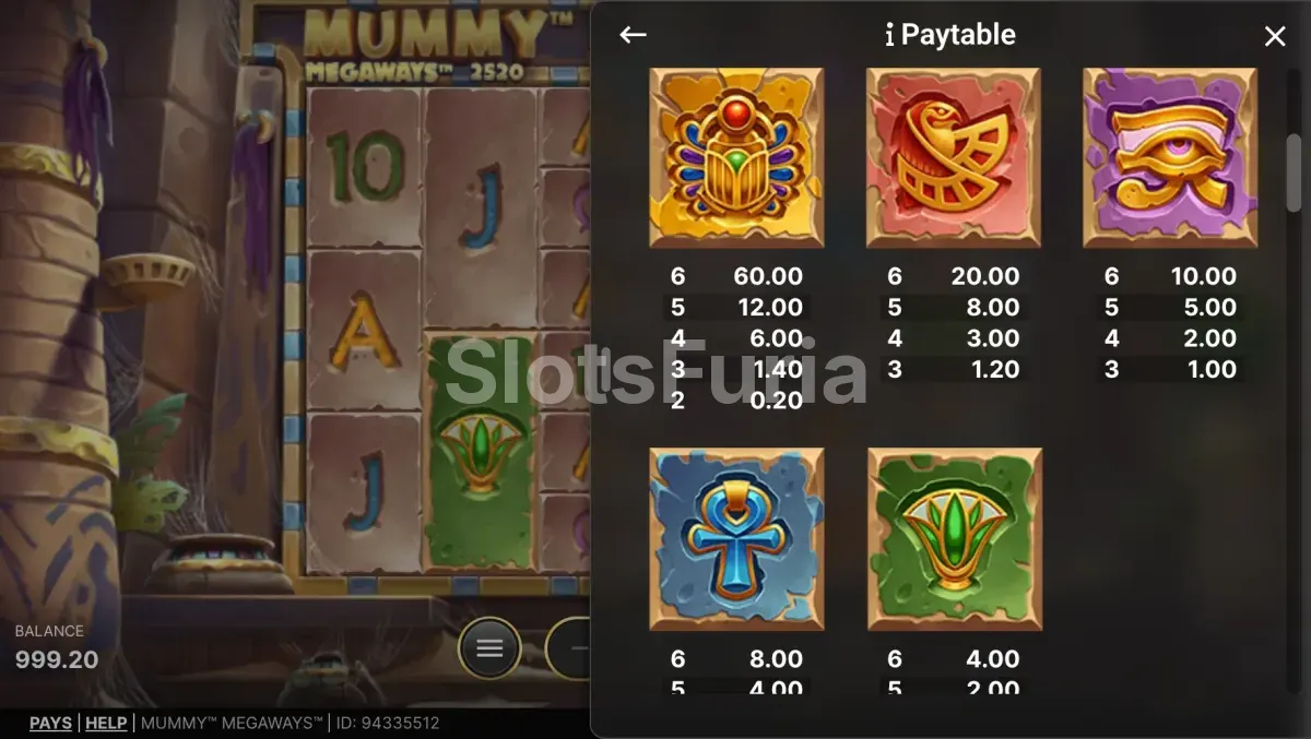 Tabla de pagos de Mummy Megaways con todos los símbolos