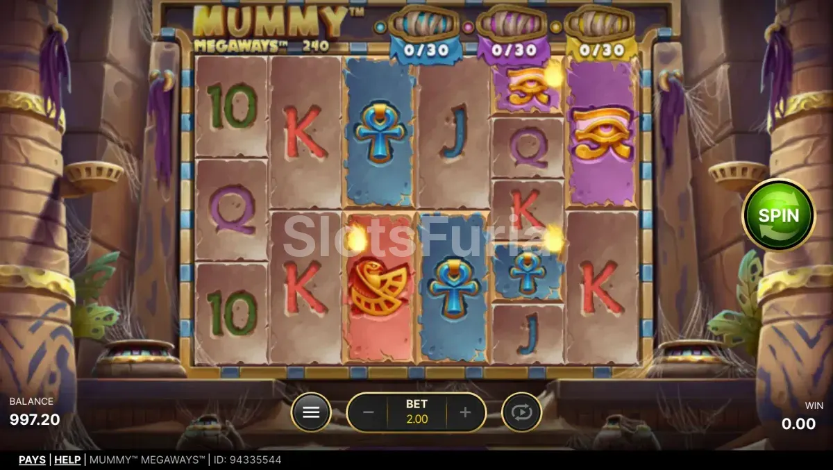 Segunda vista del tablero de Mummy Megaways durante el juego base