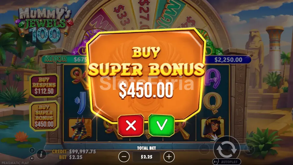 Menú de compra de bonus de Mummy's Jewels 100 con las dos opciones disponibles