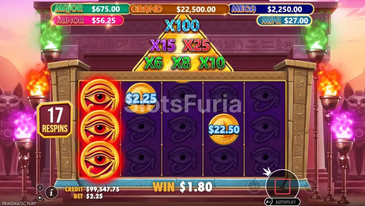 Ronda de giros gratis de Mummy's Jewels 100 con multiplicadores activos