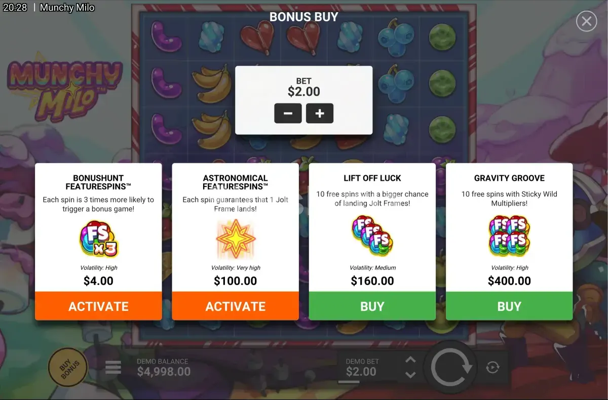 Menú de compra de bonus disponible en Munchy Milo de Hacksaw Gaming