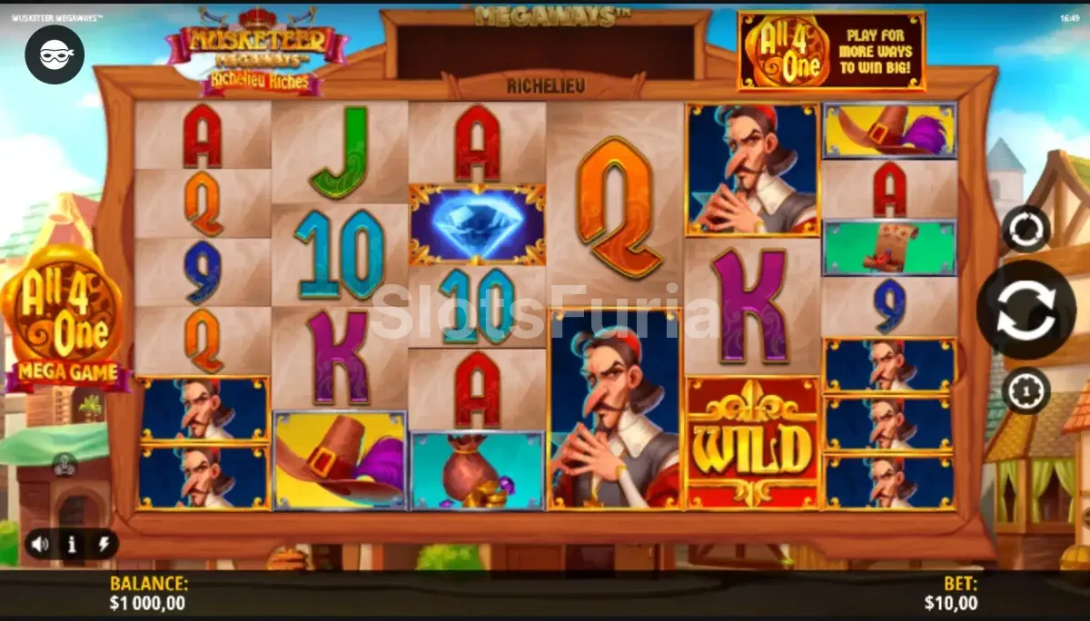 Pantalla principal del juego base de Musketeer Megaways