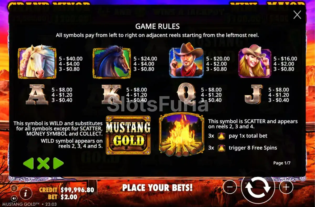 Tabla de pagos de Mustang Gold con todos los símbolos y sus valores