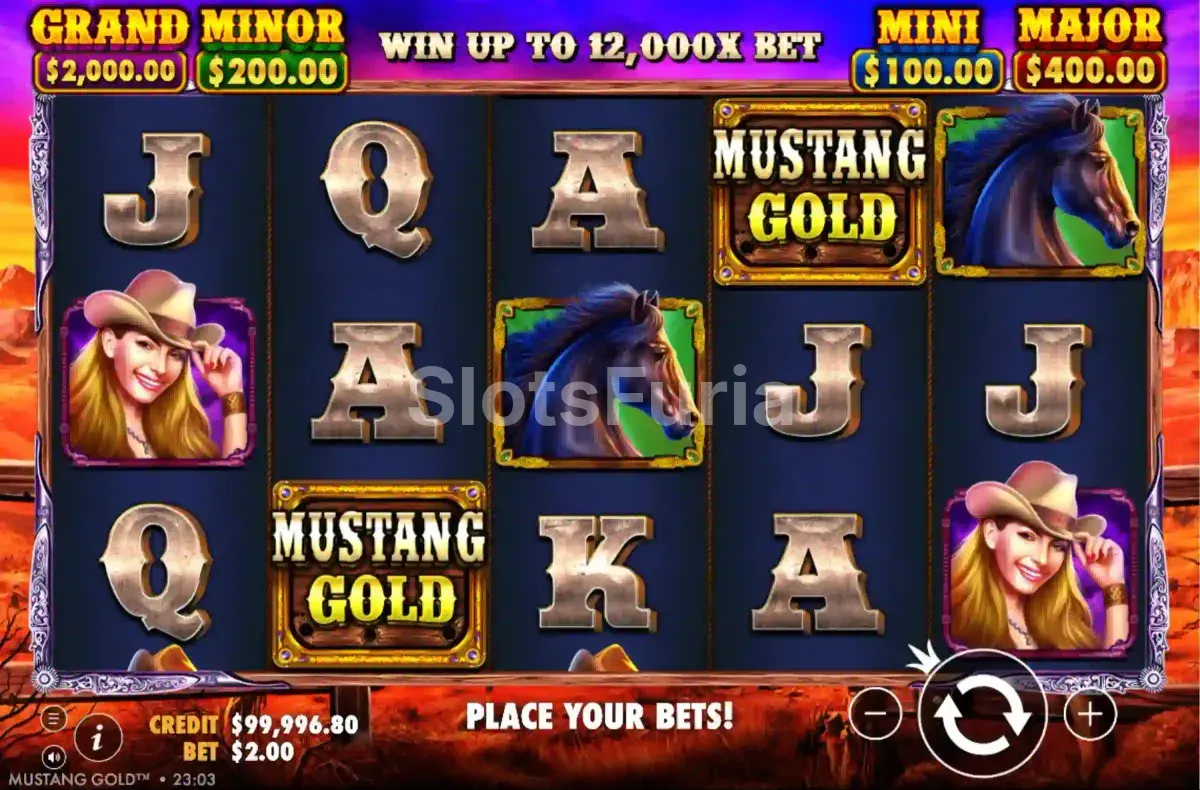 Pantalla principal de Mustang Gold con los caballos salvajes en los rodillos