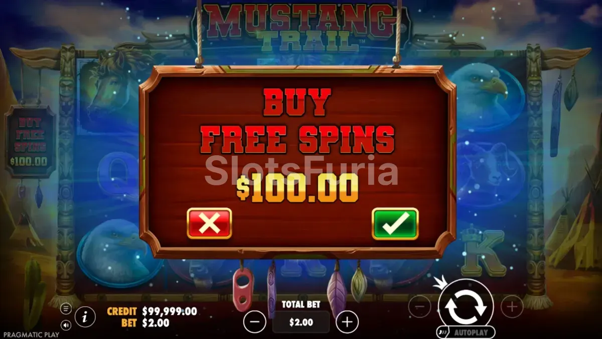 Pantalla de compra de bonus en Mustang Trail de Pragmatic Play
