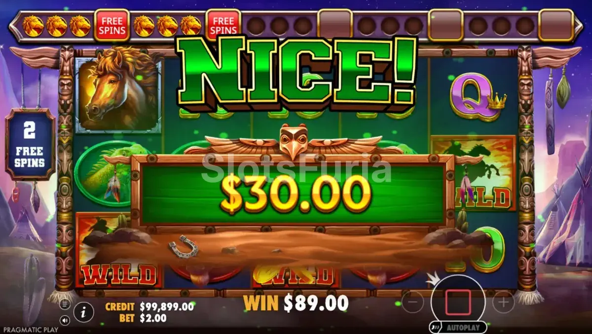 Gran victoria en Mustang Trail durante los giros gratis con wilds fijos