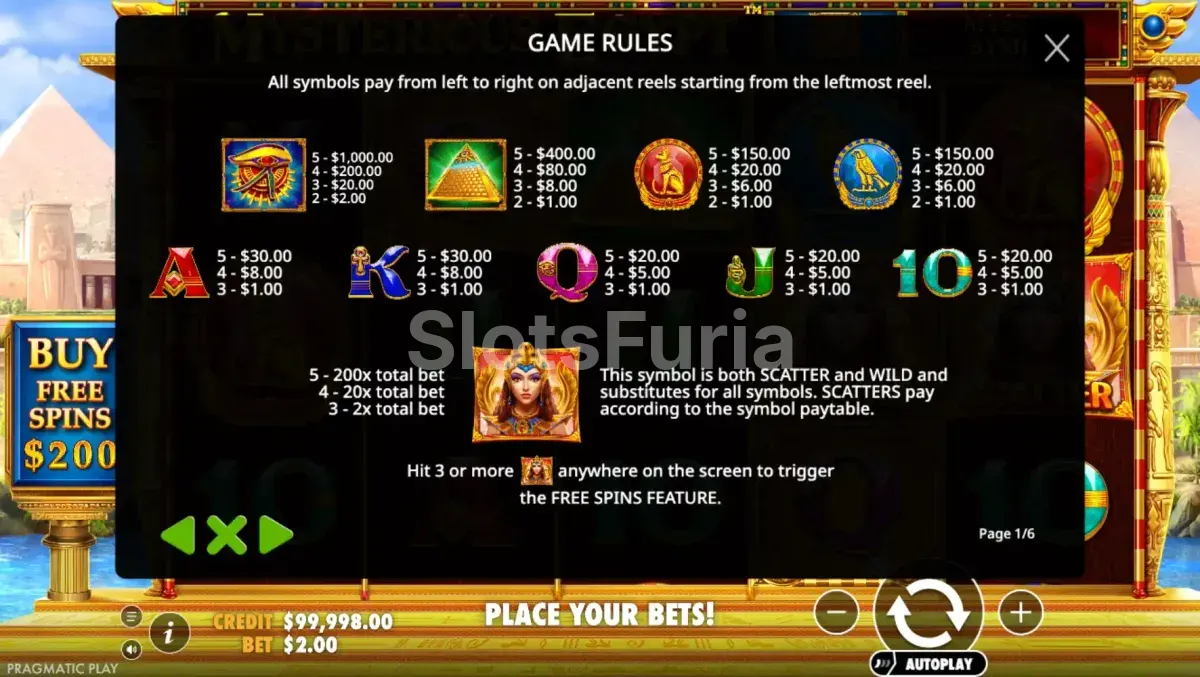 Tabla de pagos completa de Mysterious Egypt