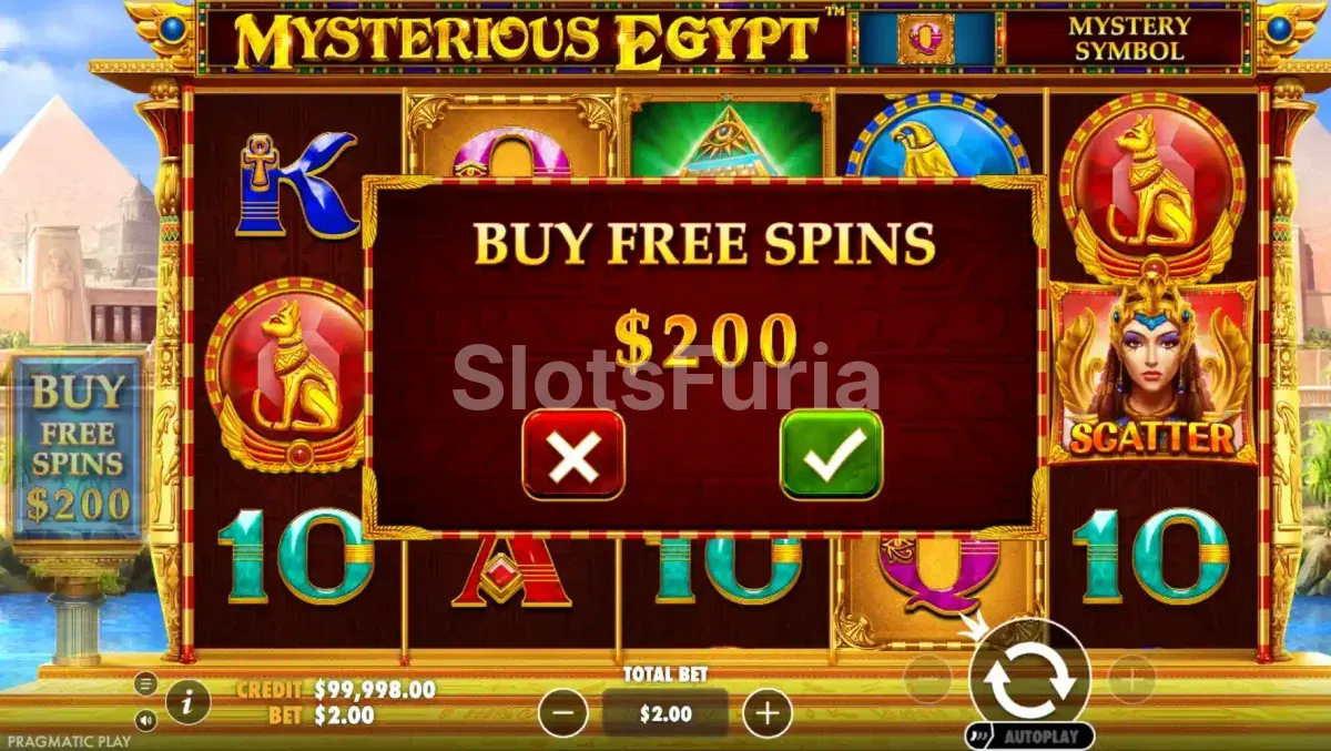Pantalla de compra de bonus en Mysterious Egypt