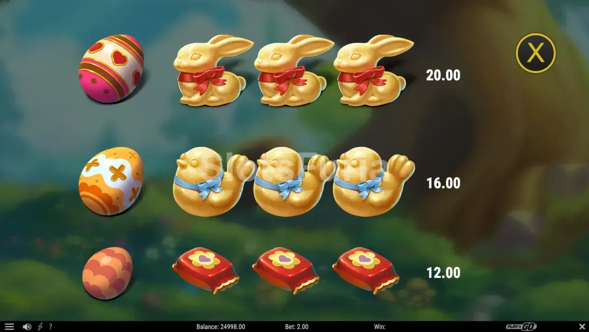 Tabla de pagos detallada de Mystery Egg Surprise con los valores de cada símbolo