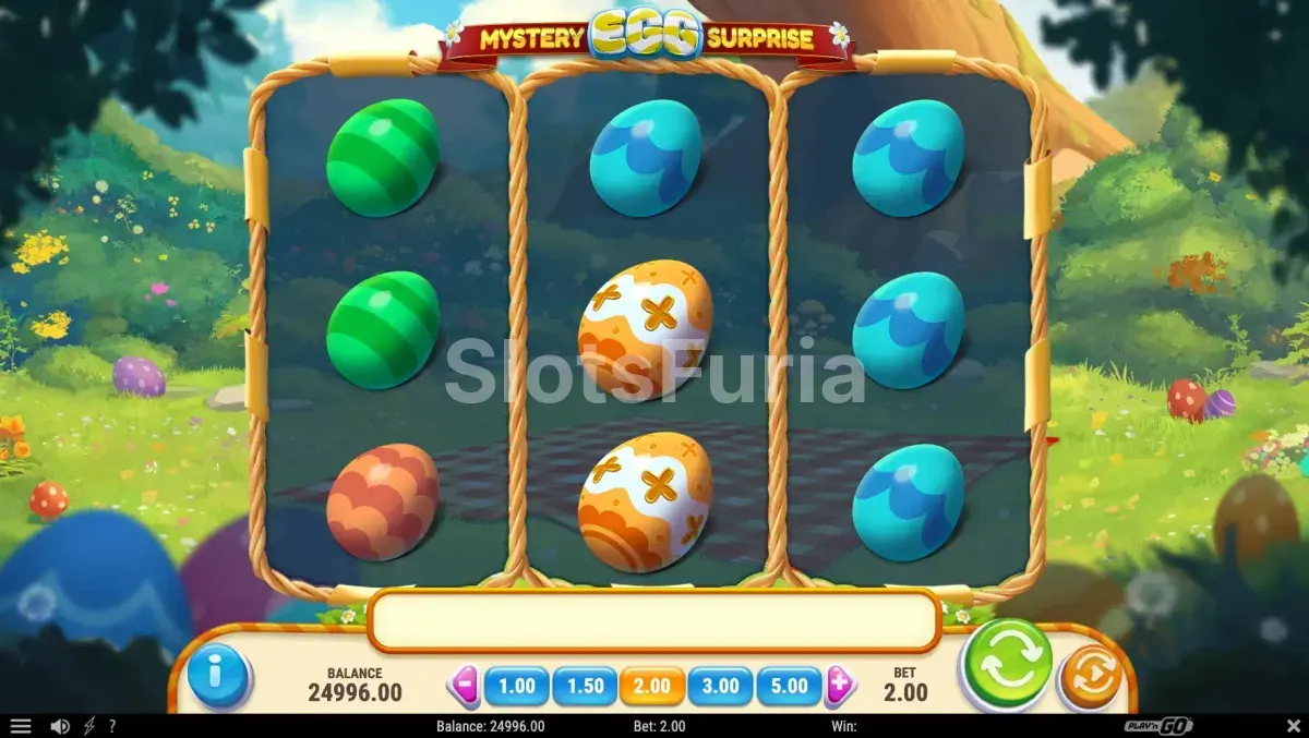 Segunda vista del juego base de Mystery Egg Surprise mostrando una combinación ganadora