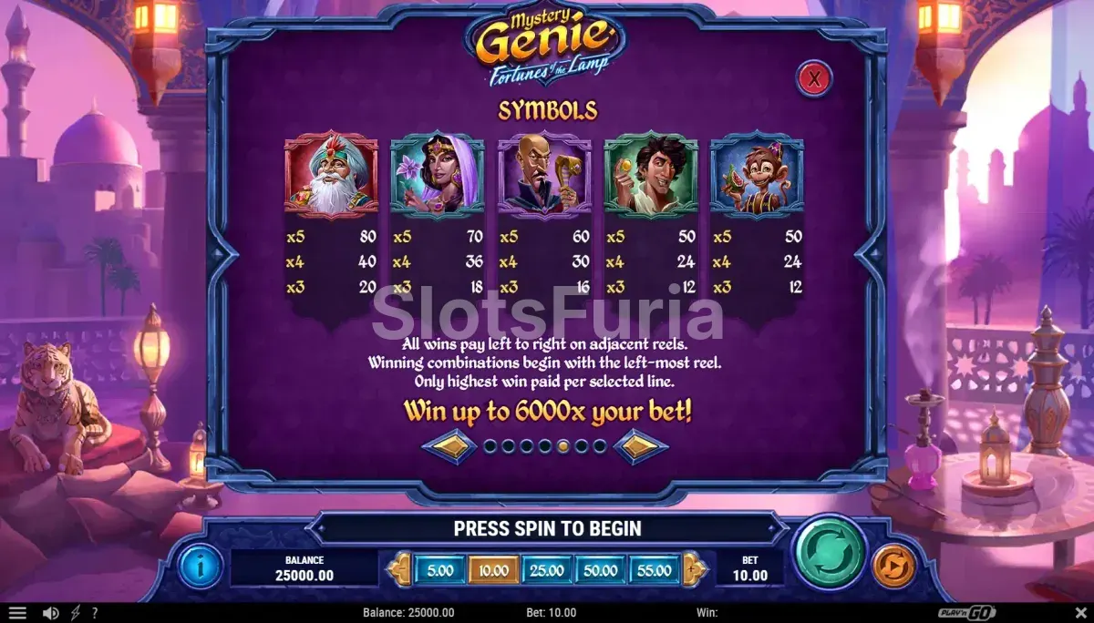 Tabla de pagos completa de Mystery Genie Fortunes of the Lamp