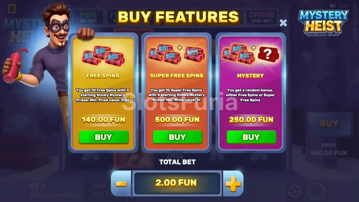 Opciones de compra de bonus en Mystery Heist de BGaming