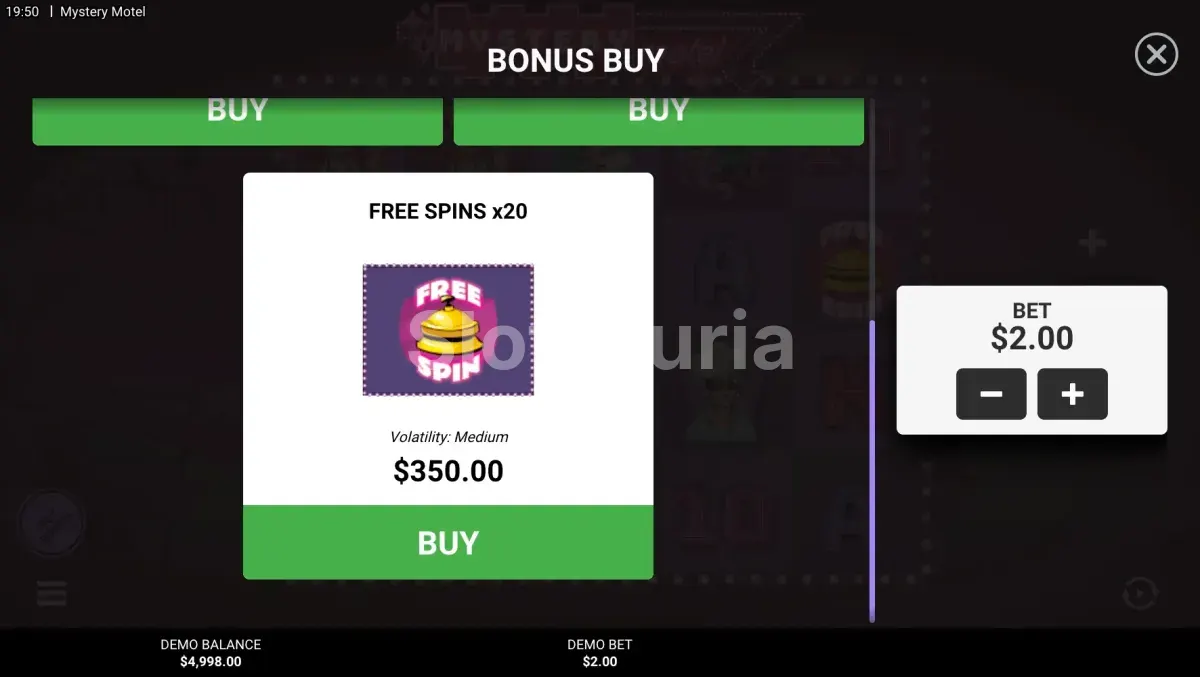 Opciones de compra de bonus en Mystery Motel de Hacksaw Gaming
