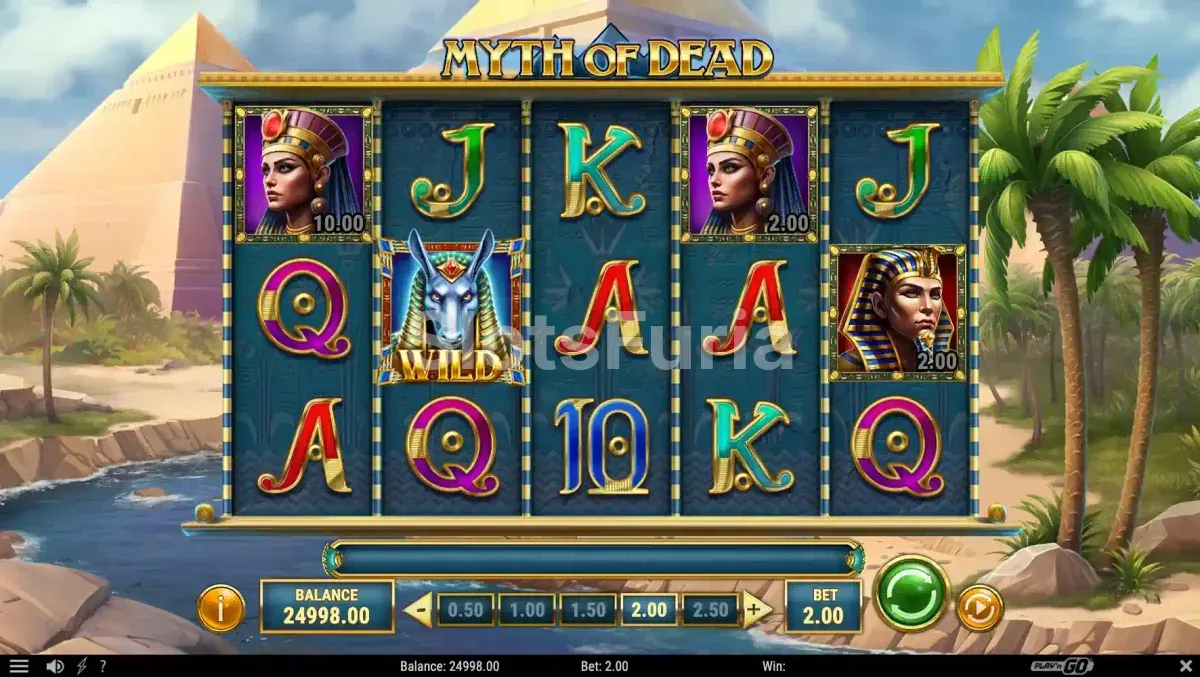 Pantalla principal del juego Myth of Dead con los dioses egipcios en los rodillos
