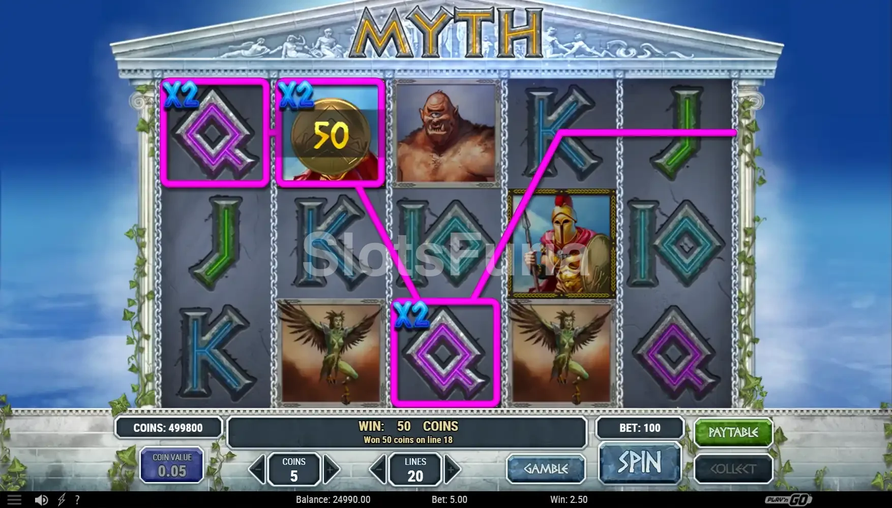 Resultado de giro con combinación ganadora en Myth