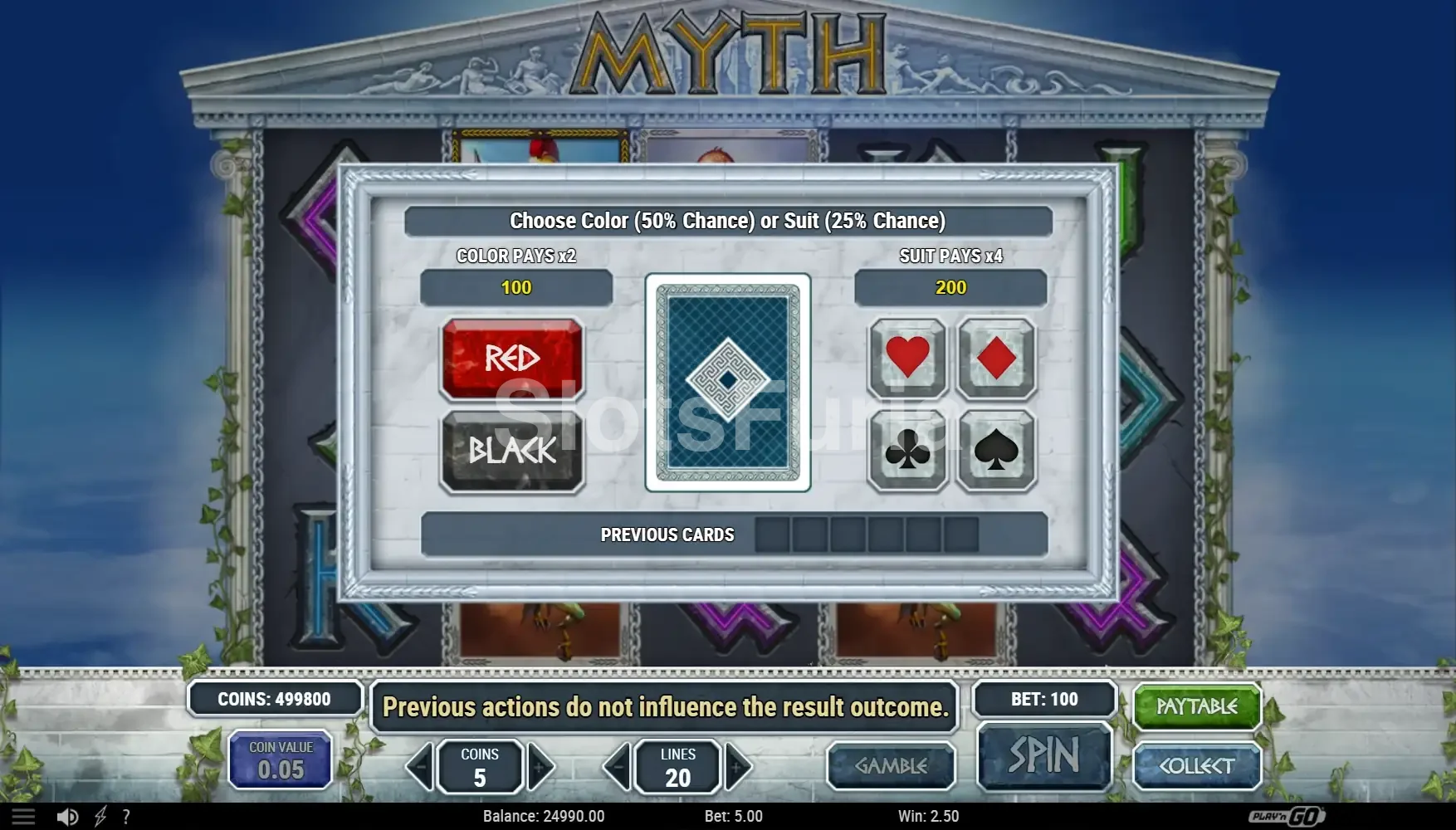 Función gamble de la tragamonedas Myth