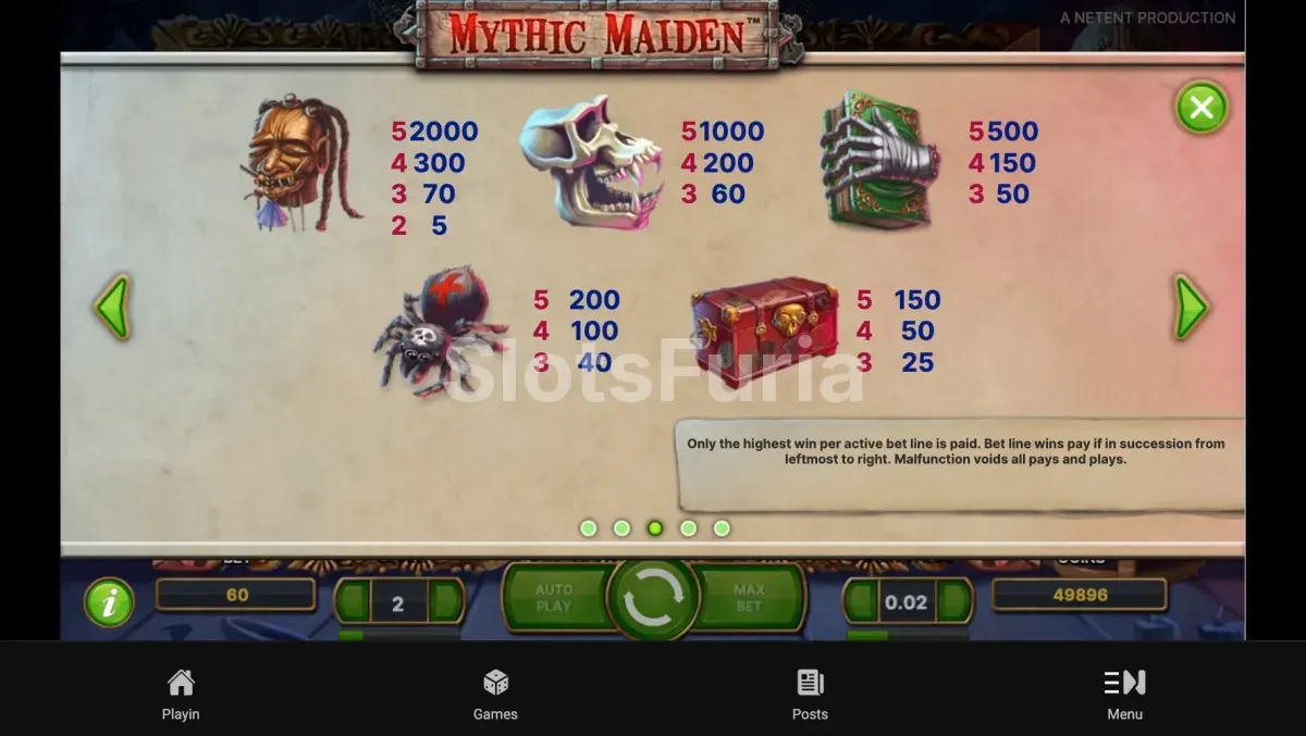 Tabla de pagos detallada de la tragamonedas Mythic Maiden