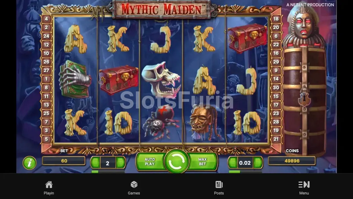 Pantalla del juego base de Mythic Maiden mostrando combinaciones ganadoras