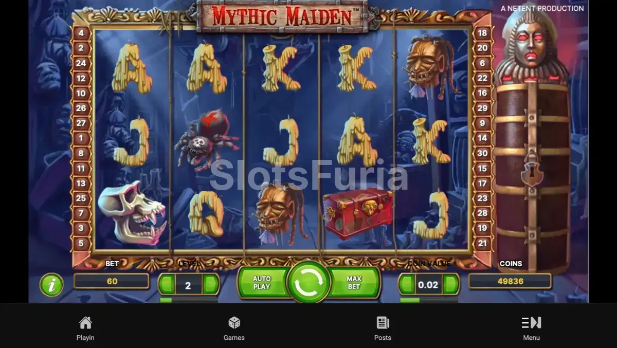Vista del juego base de Mythic Maiden con sus símbolos góticos