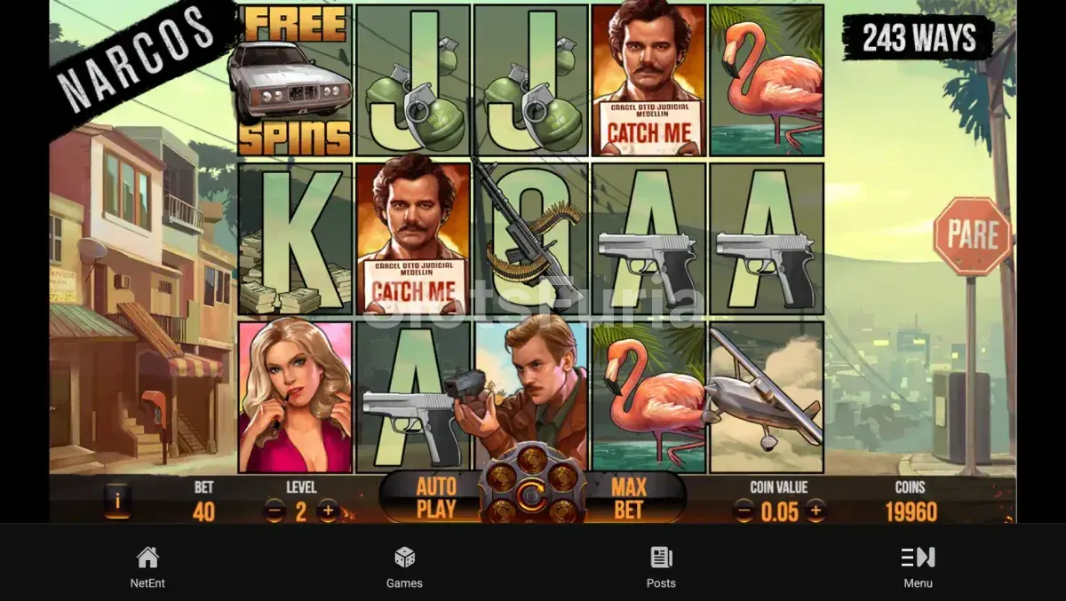 Pantalla principal del juego Narcos con los rodillos en acción