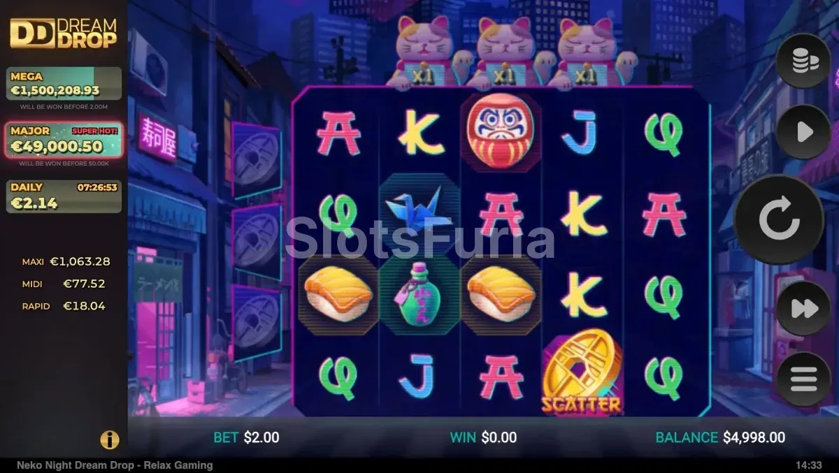 Juego base activo en Neko Night Dream Drop con símbolos Neko en pantalla