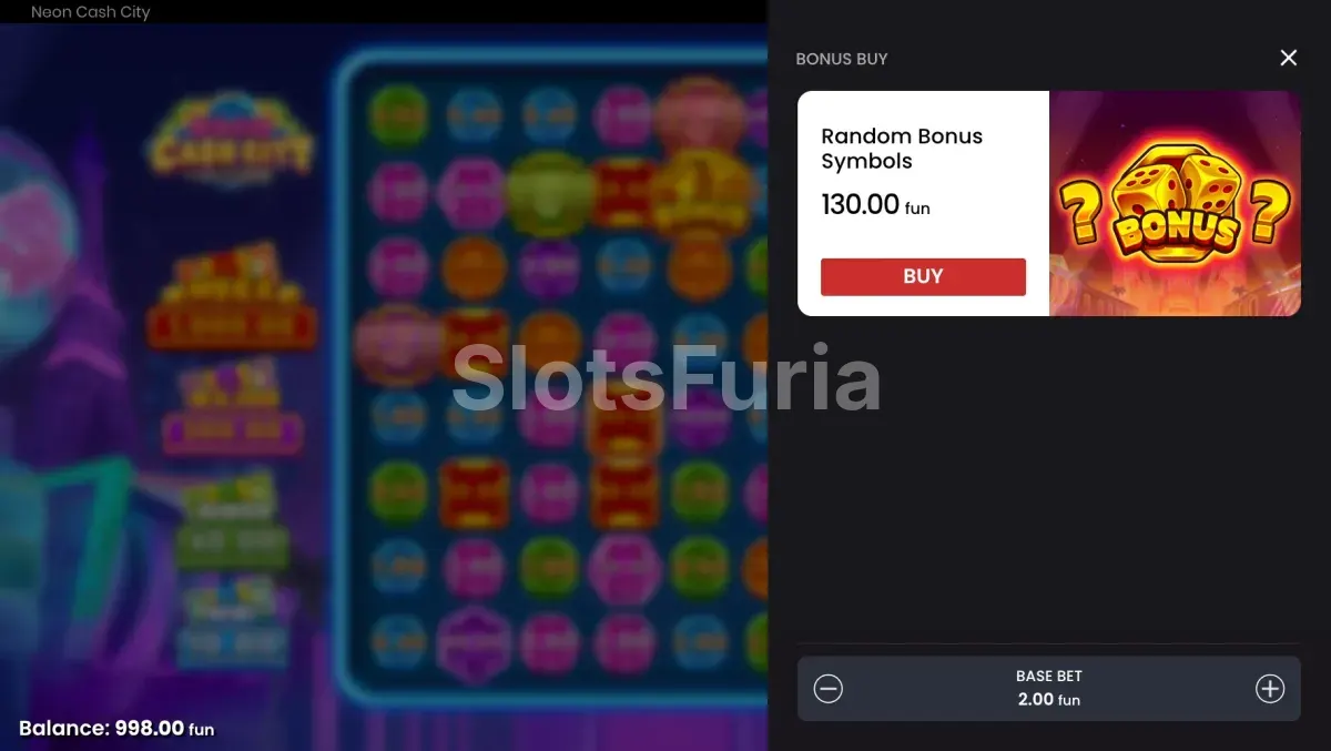Pantalla de compra de bono en Neon Cash City