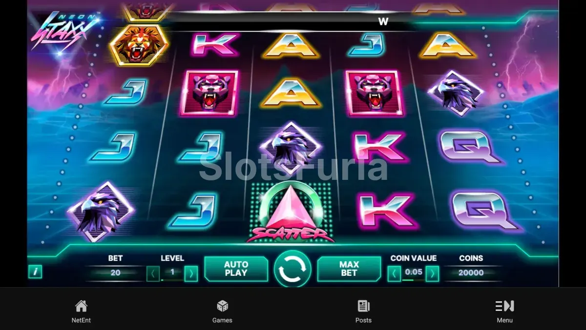 Pantalla principal de Neon Staxx con los símbolos iluminados en acción