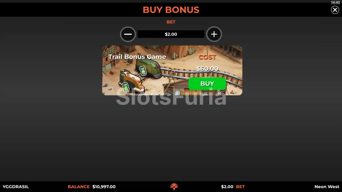 Pantalla de compra de bonus en Neon West con las opciones disponibles